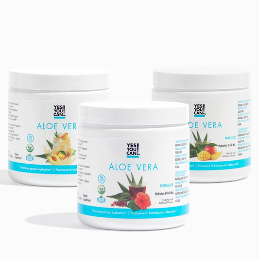 Yes You Can! Aloe Vera Powder Drink Mix canister front view highlighting organic ingredients.
