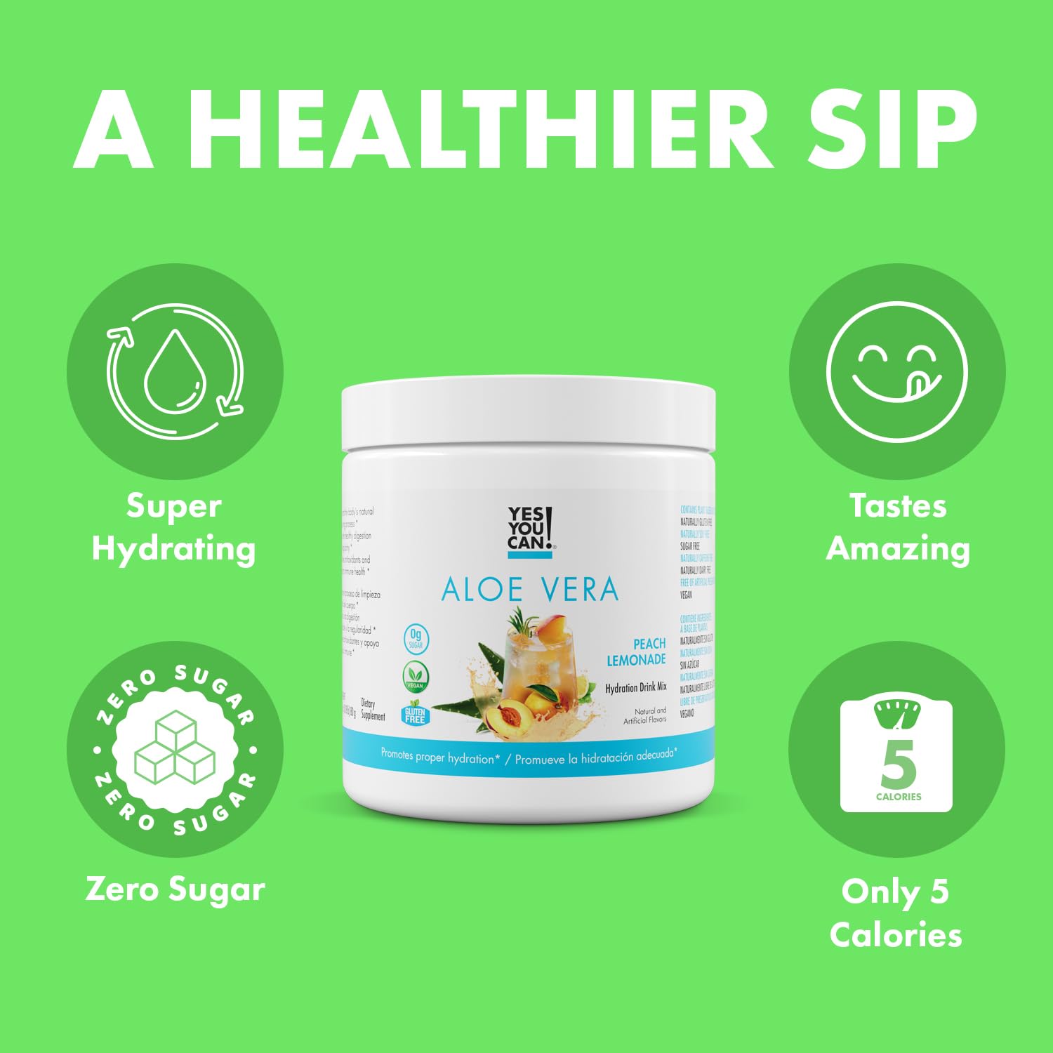 Yes You Can! Aloe Vera Powder Drink Mix canister front showing organic ingredients and flavor appeal