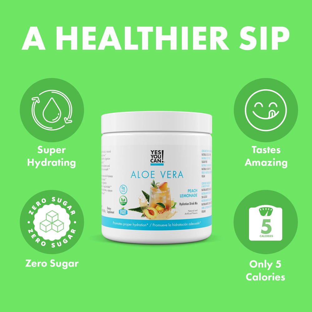 Yes You Can! Aloe Vera Powder Drink Mix canister front showing organic ingredients and flavor appeal