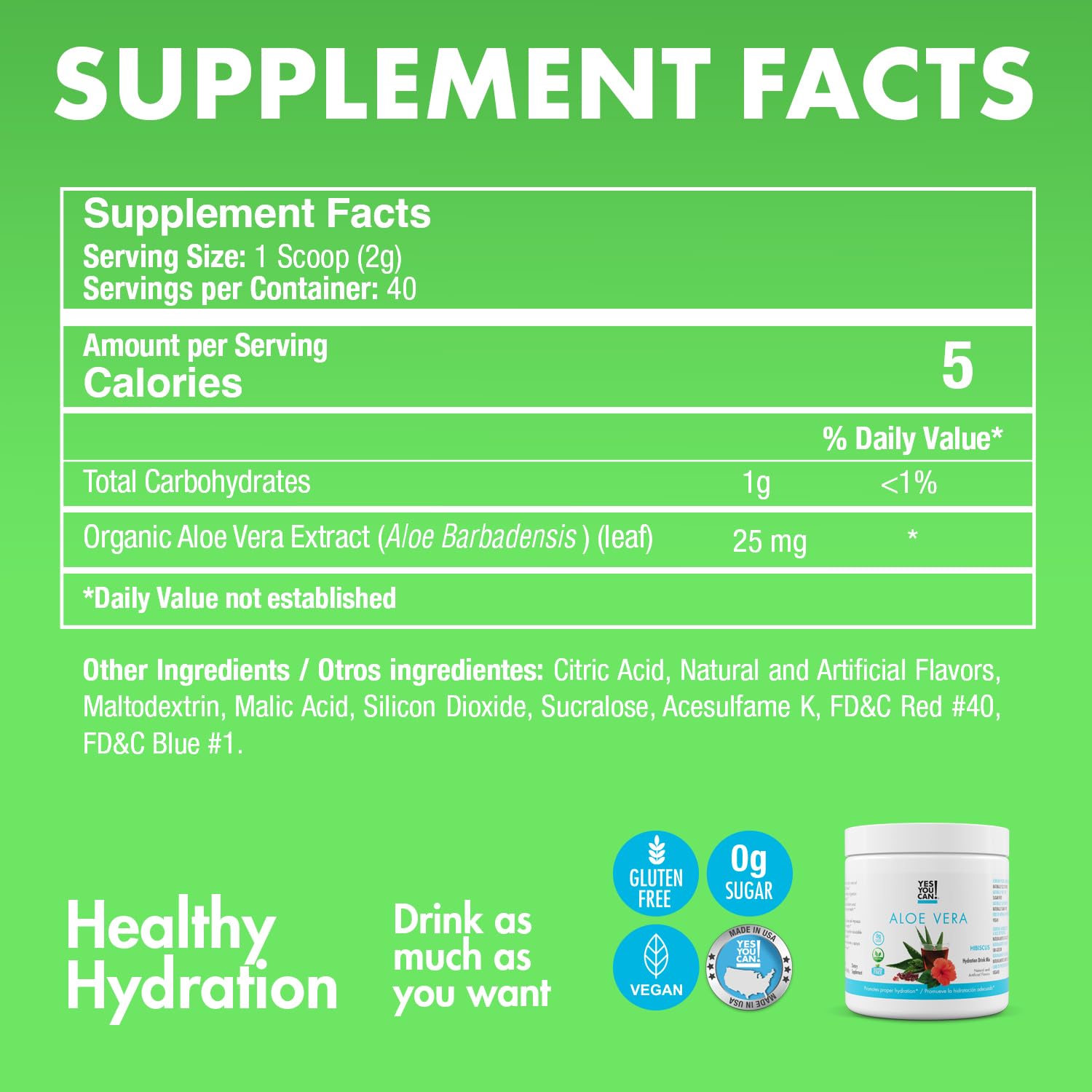 Yes You Can Aloe Vera canister label emphasizes organic additive-free hydration