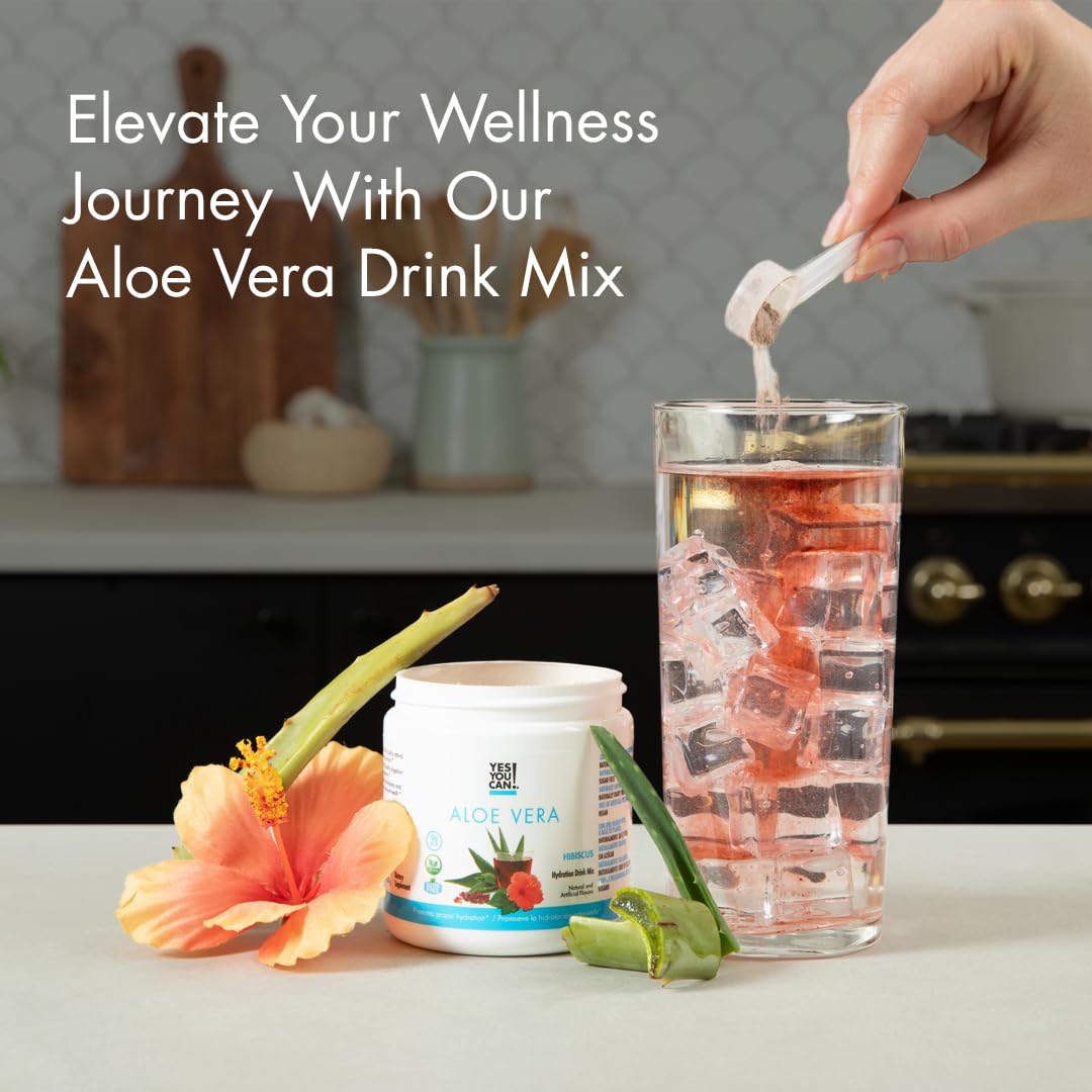 Yes You Can! Aloe Vera Drink Mix with ice-cold drink setup for easy use.