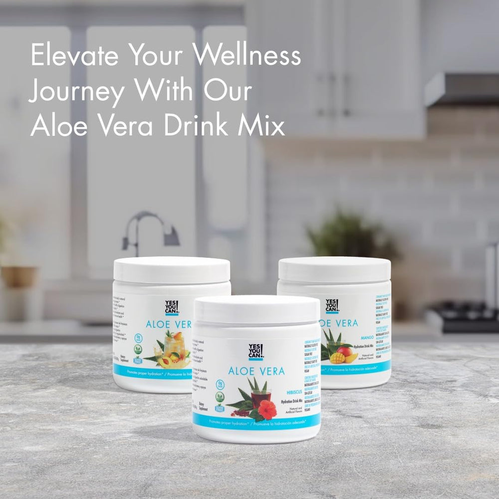 Yes You Can! Aloe Vera Drink Mix showing 40 servings per canister for families.