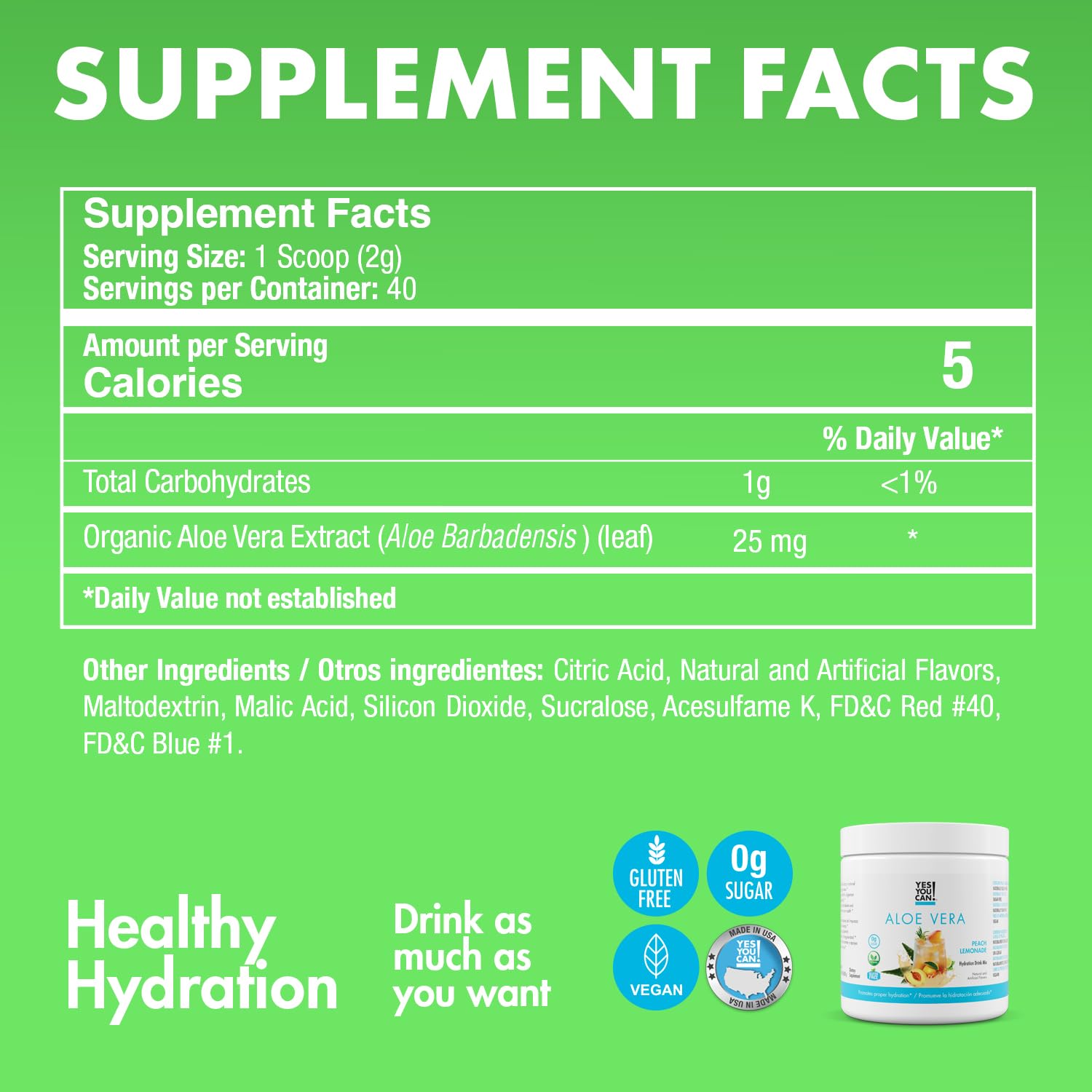 Yes You Can! Aloe Vera Powder Drink Mix measuring spoon ready to mix a low-calorie refreshment