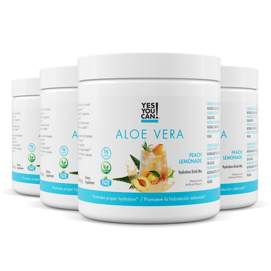 Yes You Can! Aloe Vera Powder Drink Mix pour scene with Peach Lemonade flavor for refreshing hydration