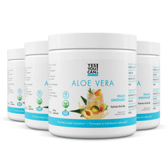 Yes You Can! Aloe Vera Powder Drink Mix pour scene with Peach Lemonade flavor for refreshing hydration