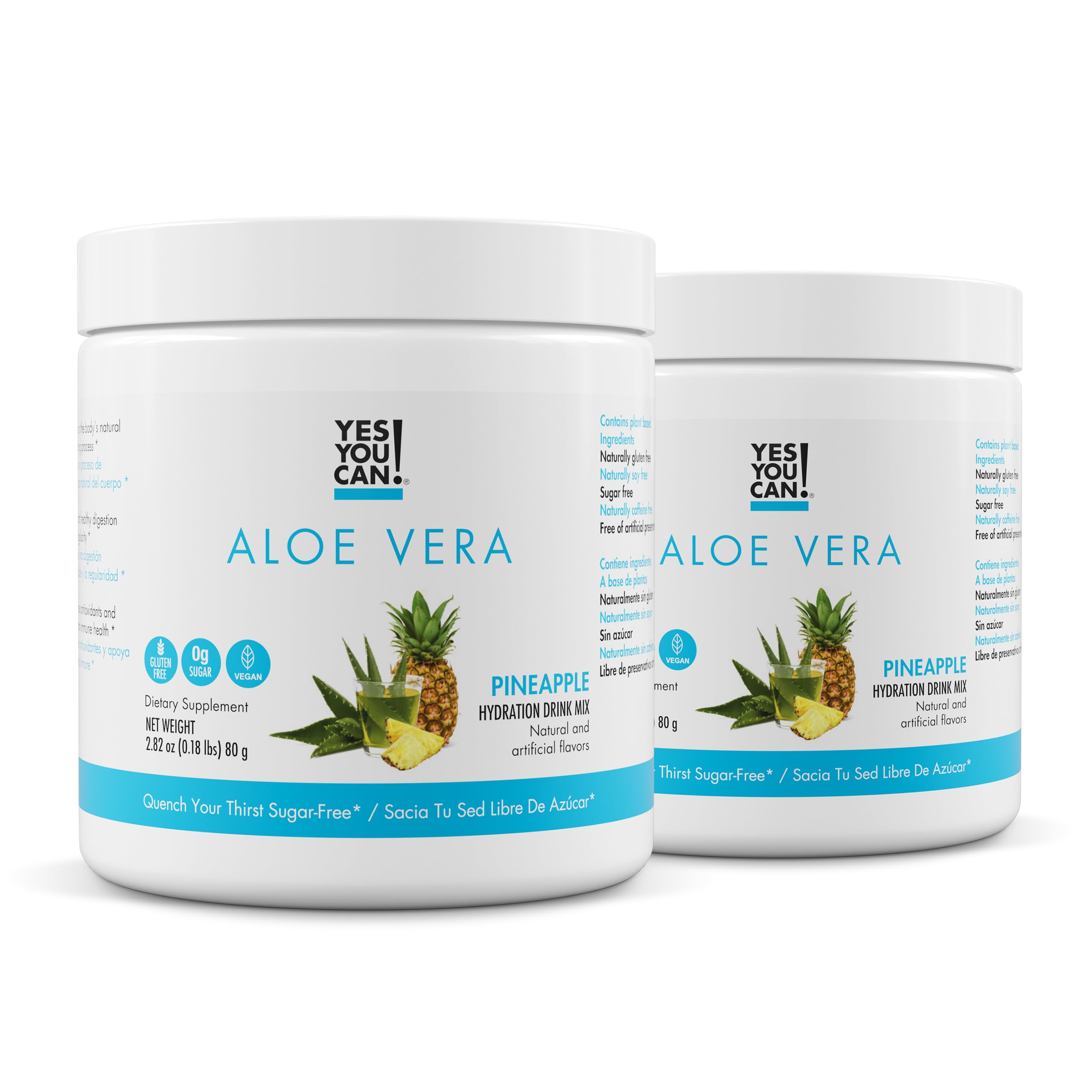 Yes You Can! Aloe Vera powder canister, pineapple flavor, hydration booster.