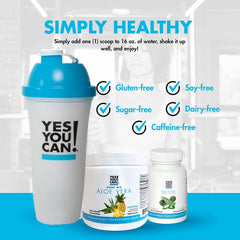 Yes You Can! Aloe Drink Mix Mango bottle and powder ready to mix for hydration.