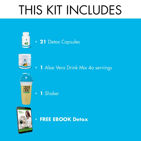 Yes You Can! Detox Kit daily use setup with capsules, bottle and mix