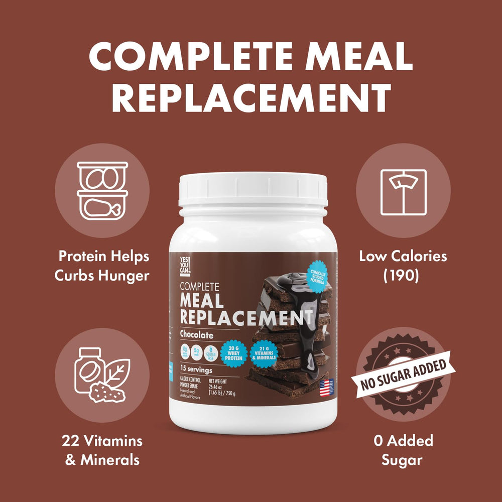 Yes You Can! Chocolate shake with scoop showing 20g protein per serving