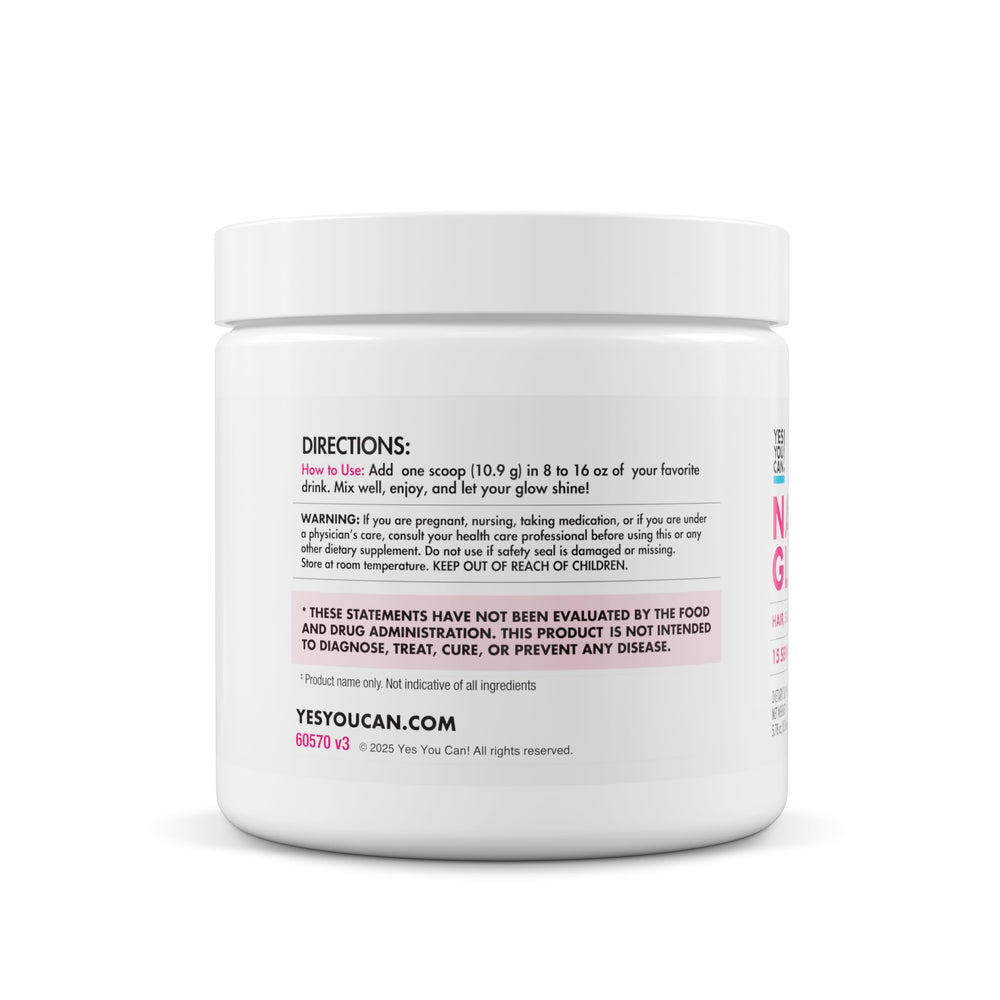 Yes You Can! Natural Glow ingredients lineup highlights biotin, hyaluronic acid, and vitamins.