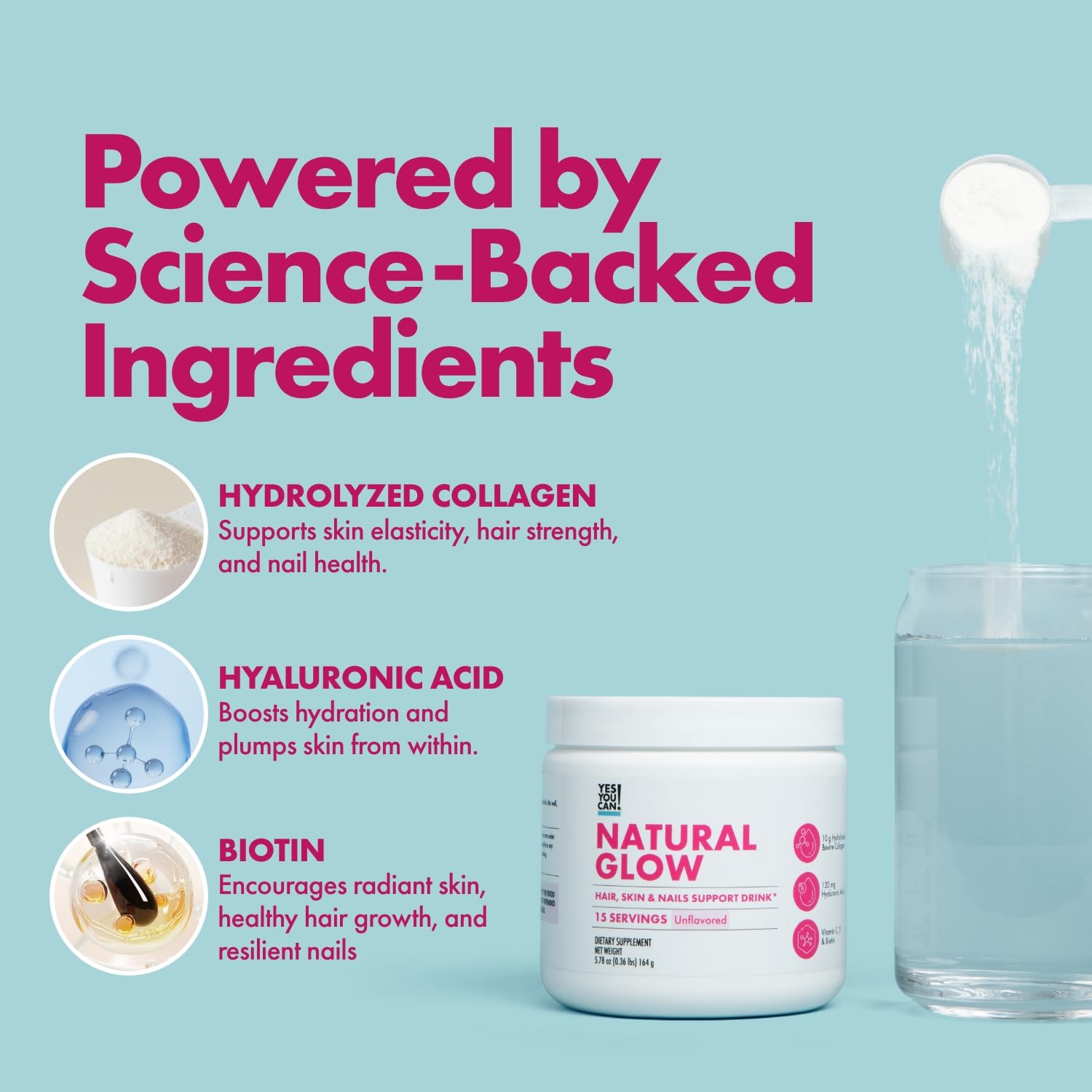 Yes You Can! Natural Glow pour into a glass for a smooth, clean mix.