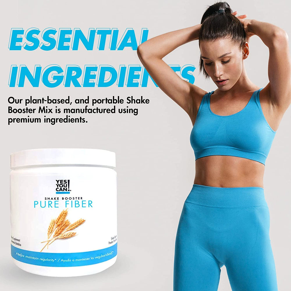 Yes You Can! Shake Booster Pure Fiber shake in a glass for quick fiber-enriched drinks.