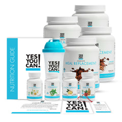 Yes You Can! Transform chocolate shake bottles show two 1560g tins for meals.