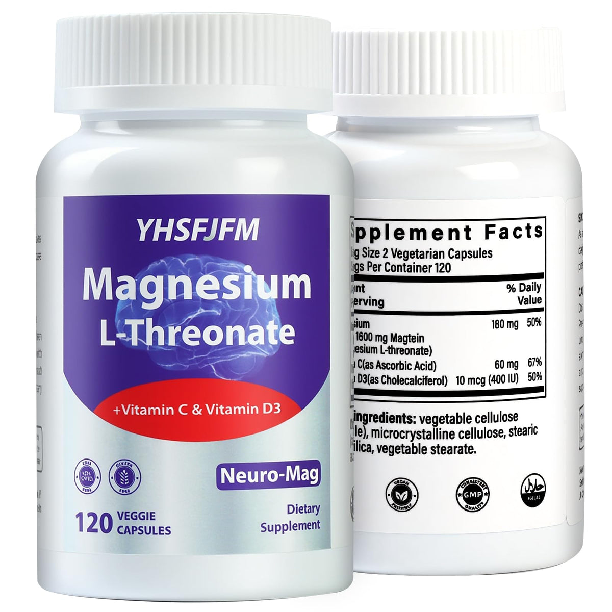 YHSFJFM Magnesium L-Threonate bottle label emphasizes high absorption.