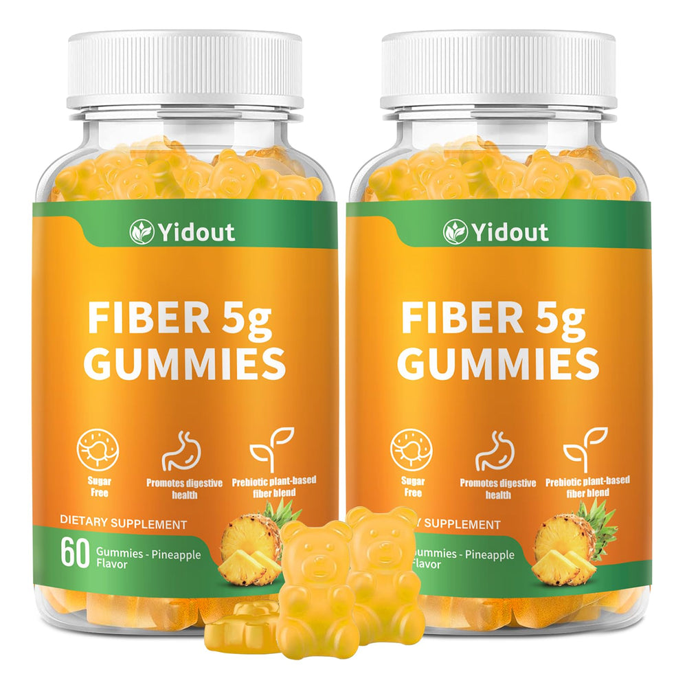 Yidout Fiber Gummies pineapple bottle showing no sugar added pineapple flavor for daily gut support