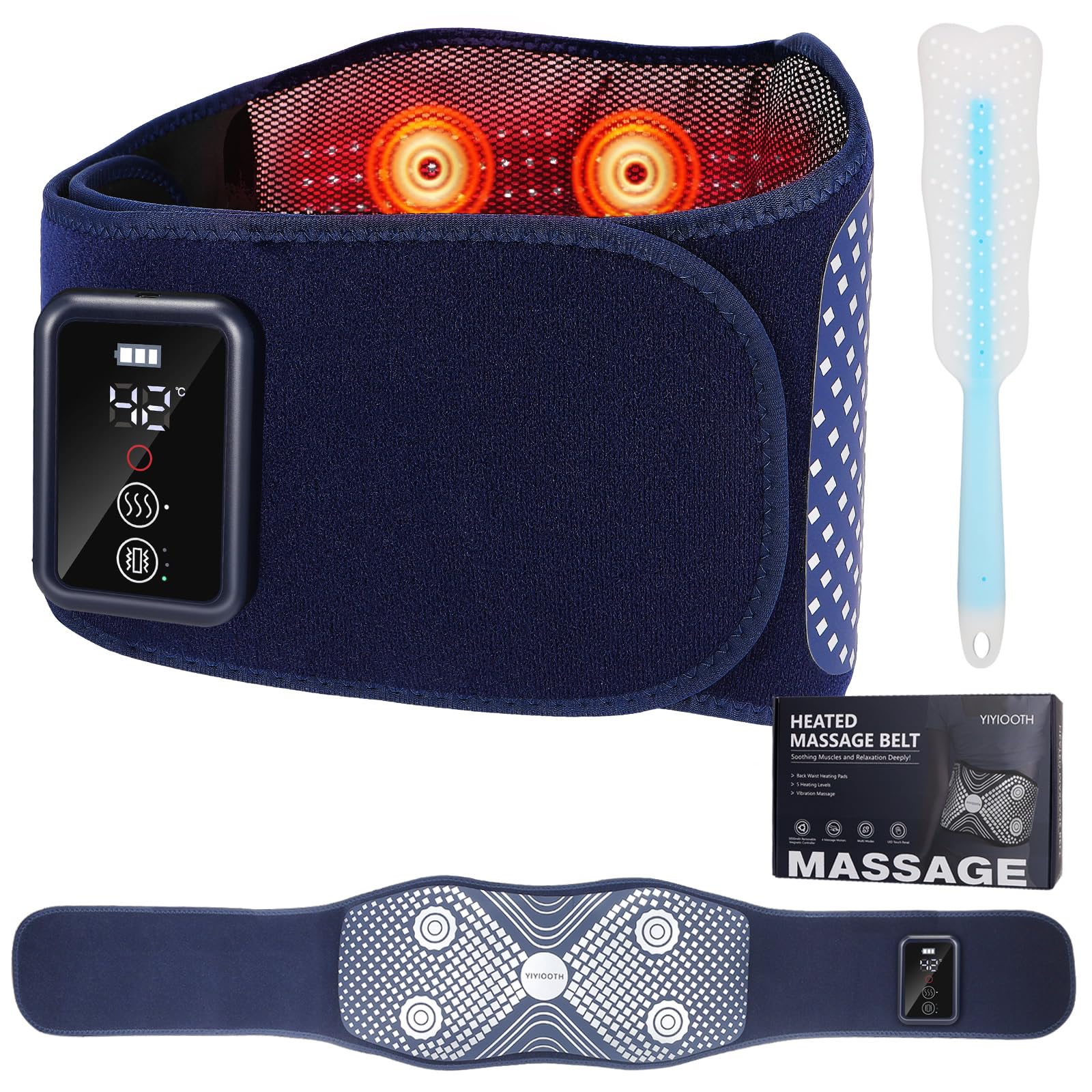 YIYIOOTH back massager belt front view demonstrates cordless comfort for on-the-go relief.
