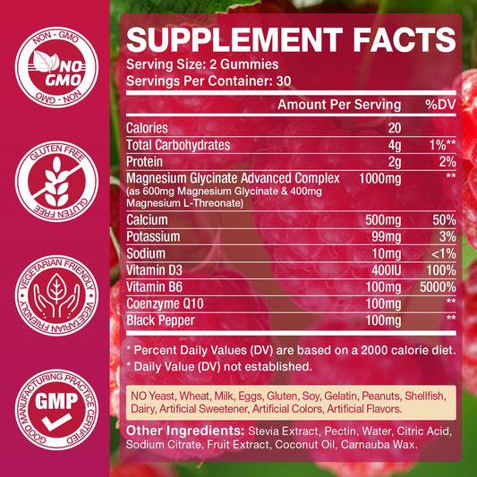 Yikecao Magnesium Glycinate Gummies 1000mg bottle back label, nutrition details.