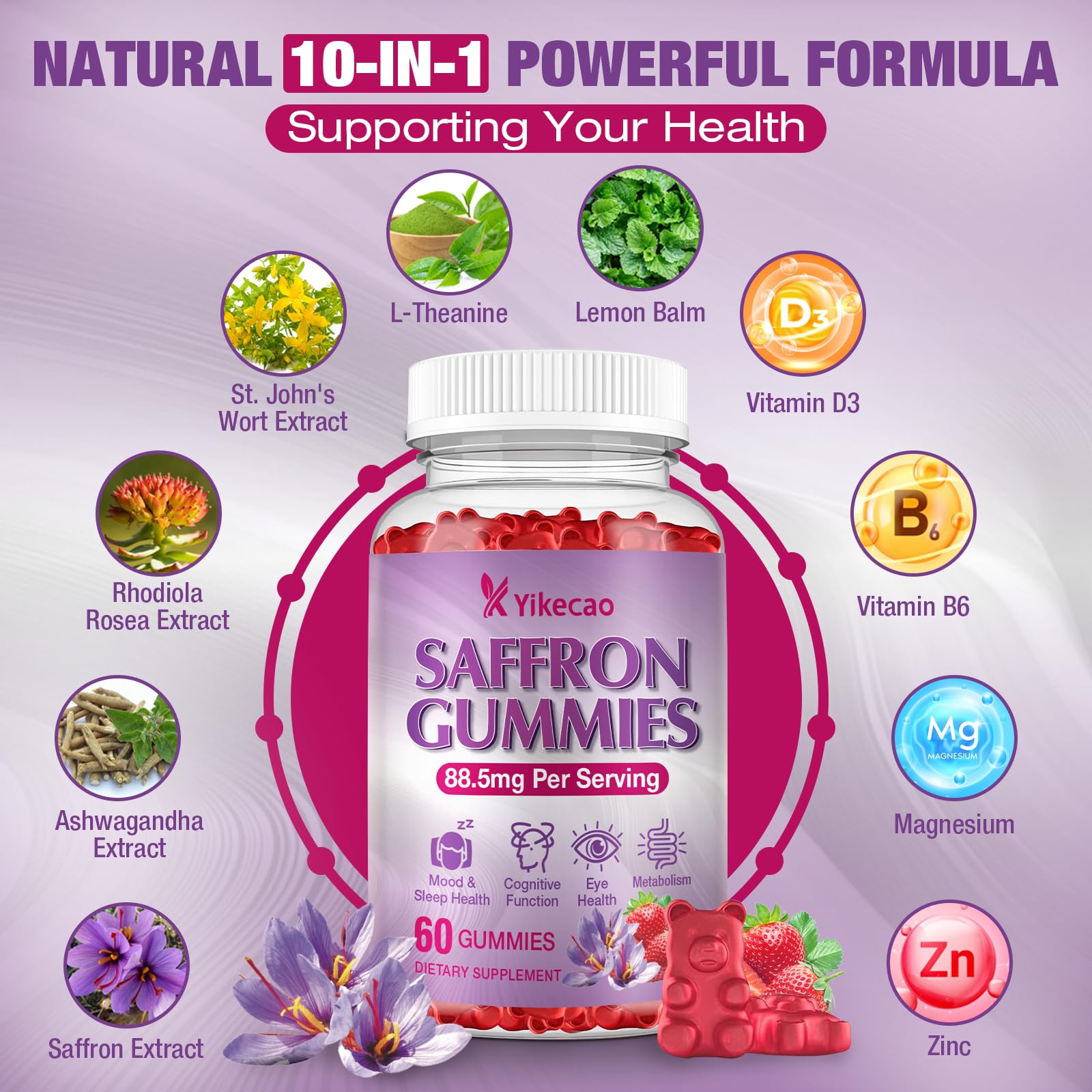 Yikecao saffron gummies nutrition panel highlighting D3, B6, zinc, magnesium.