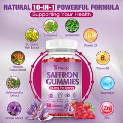 Yikecao saffron gummies nutrition panel highlighting D3, B6, zinc, magnesium.