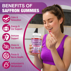 Yikecao saffron gummies strawberry flavor close-up showcasing taste.