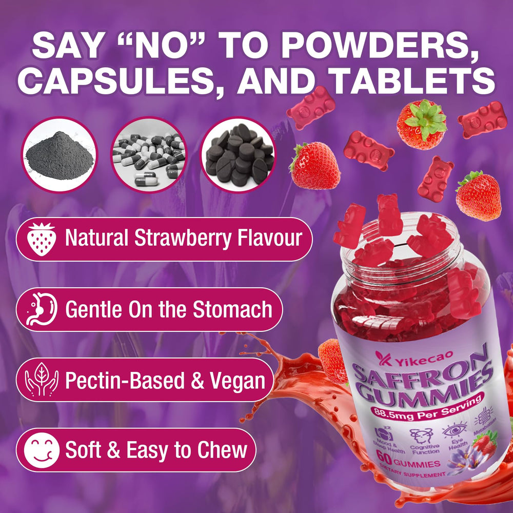 Yikecao saffron gummies vegan ingredients emphasizing plant-based pectin base.