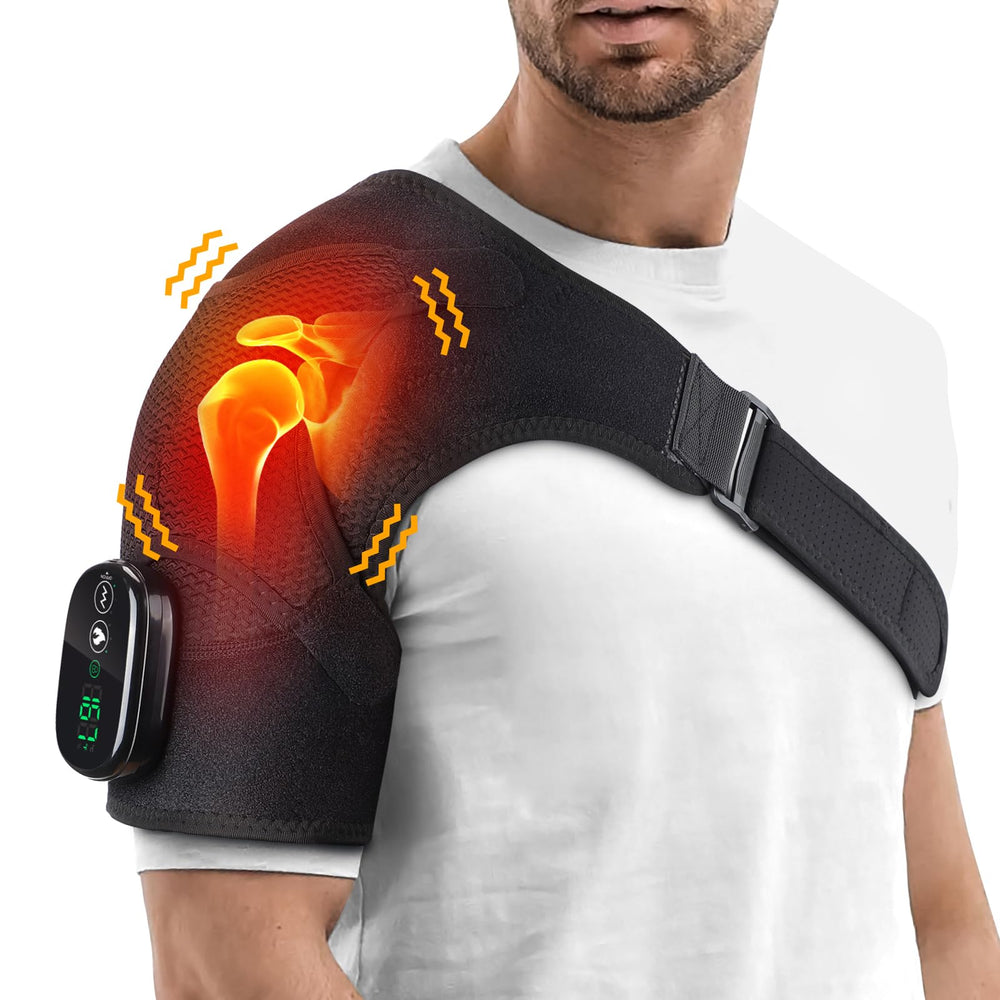 Yincook cordless shoulder brace showing built-in battery for portable warmth and support