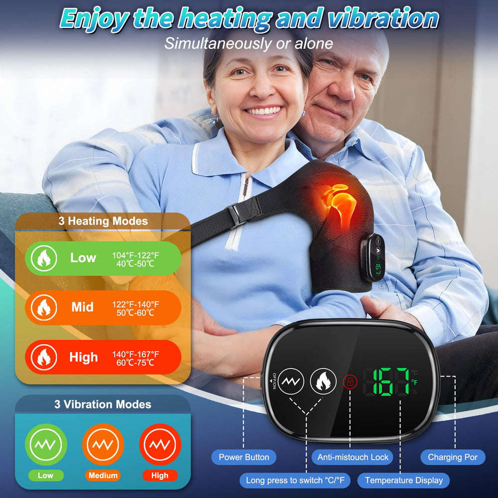 Yincook shoulder wrap heat and vibration controls for customizable relief