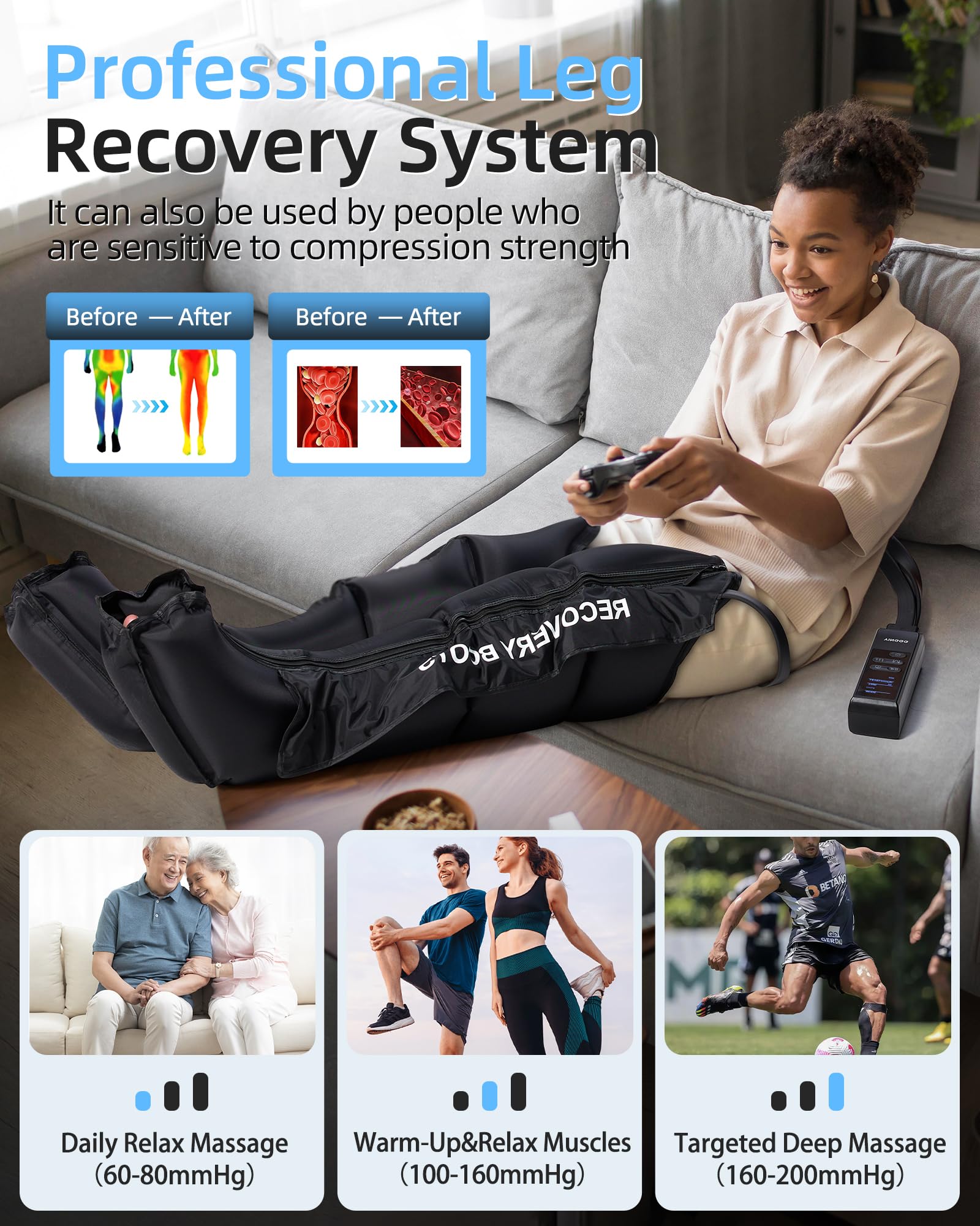 YINGGG Air Leg Massager shows nine-intensity control for customizable recovery sessions.