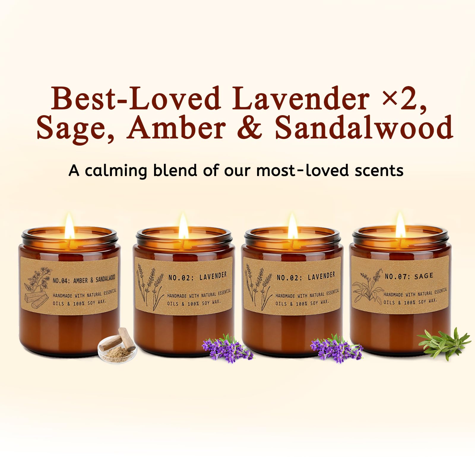 YINUO LIGHT four candle 36oz pack highlights long burn time and abundant scent.