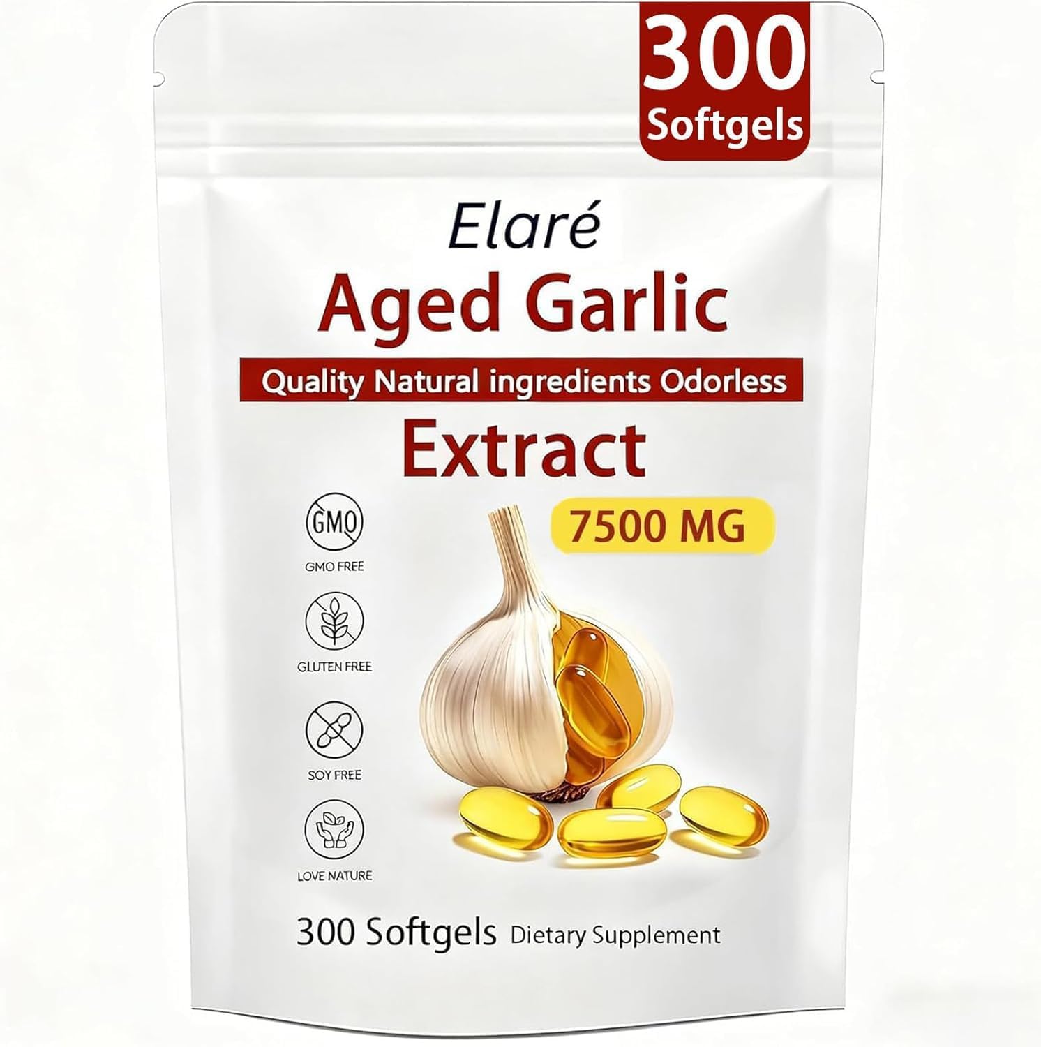 YLOTRE Elare aged garlic extract bottle front view showing odorless capsules for daily immune support.