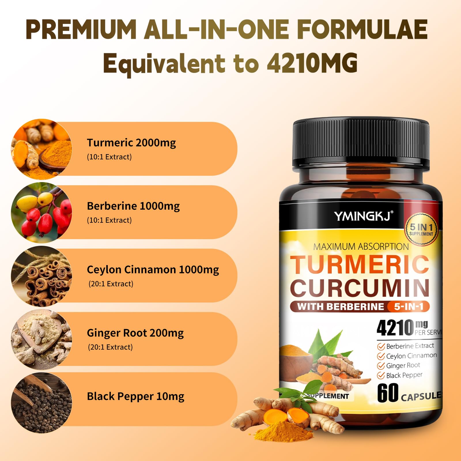 YMINGKJ Turmeric Curcumin bottle side shows label transparency for trusted daily use