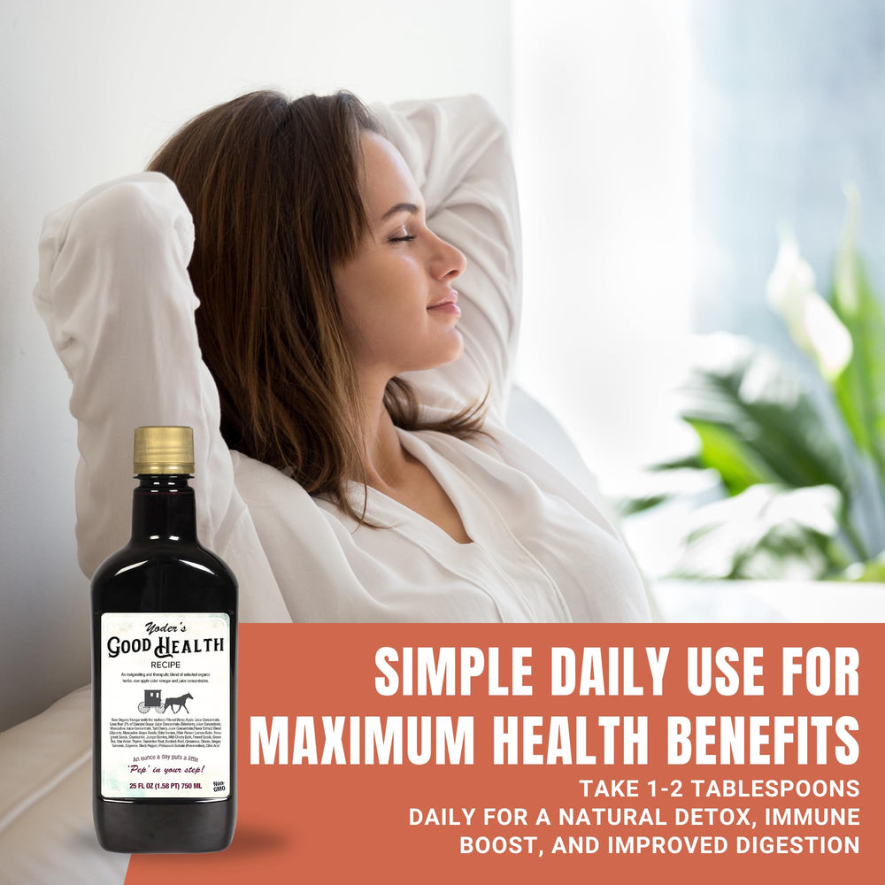 Yoder Naturals Good Health Recipe label highlights organic herbs and fruit concentrates