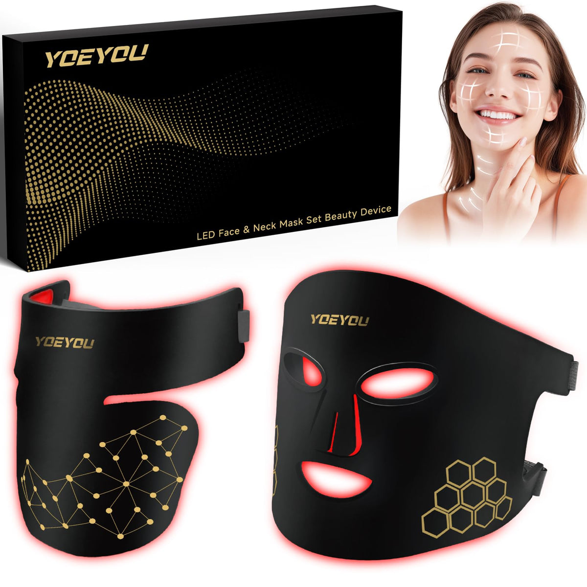 YOEYOU red light therapy mask on the face and neck for comprehensive home treatment