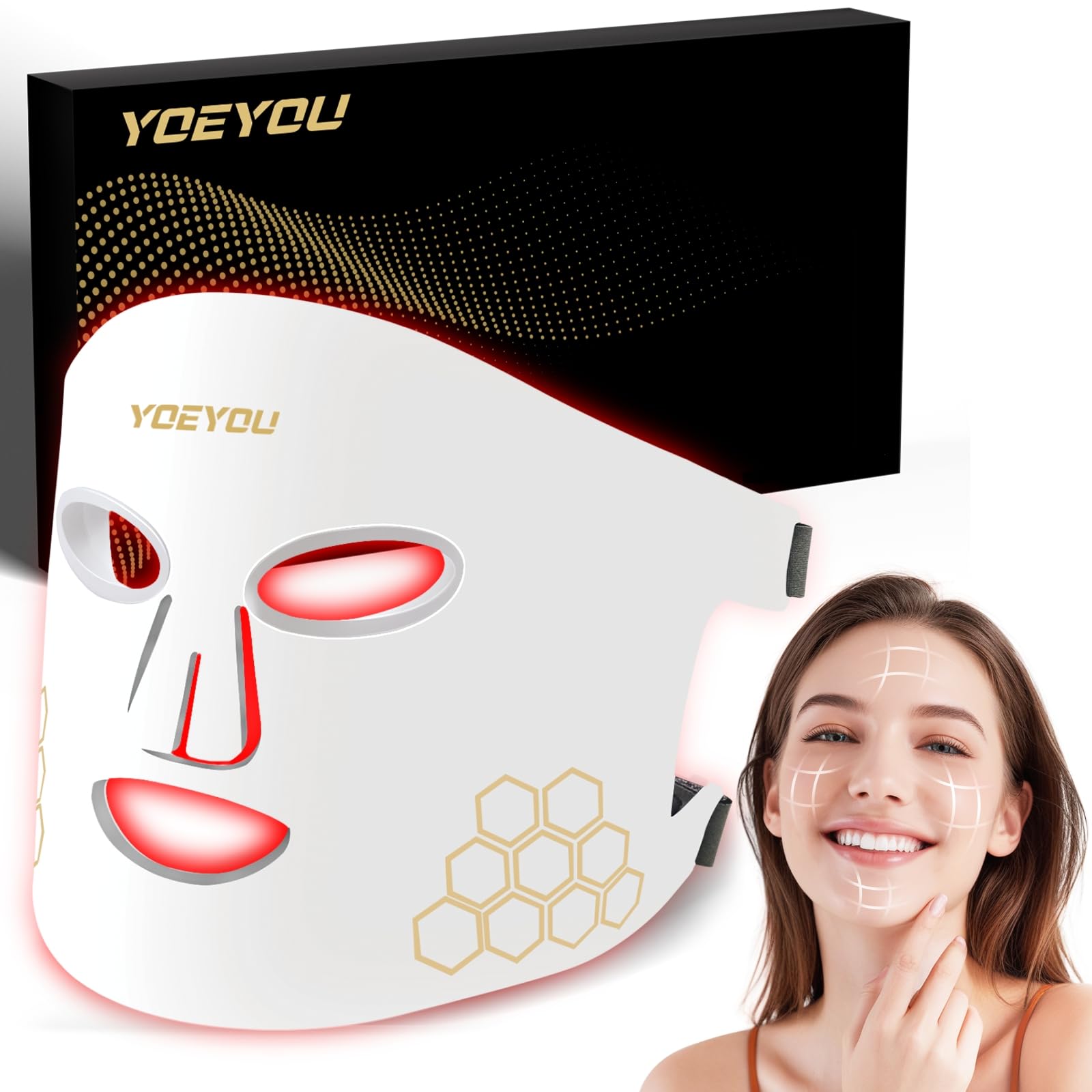 YOEYOU red light therapy mask front view, portable home skincare for facial rejuvenation.