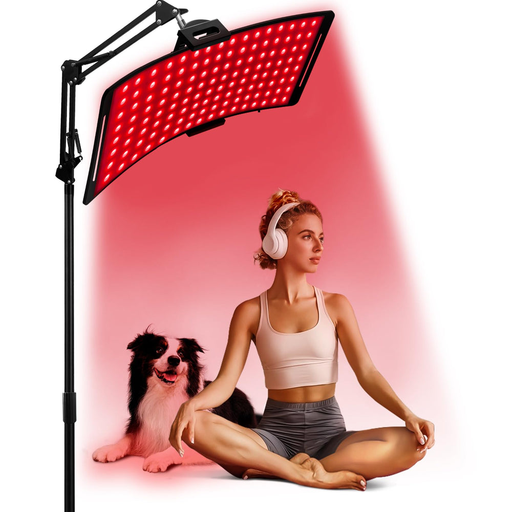 YOEYOU red light therapy panel on the face with 660nm and 850nm LEDs for deep relaxation.