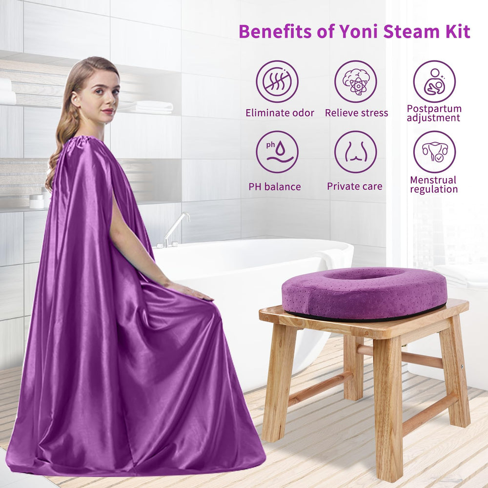 Yofuly Yoni steam gown wraps the body to minimize heat loss during sessions.