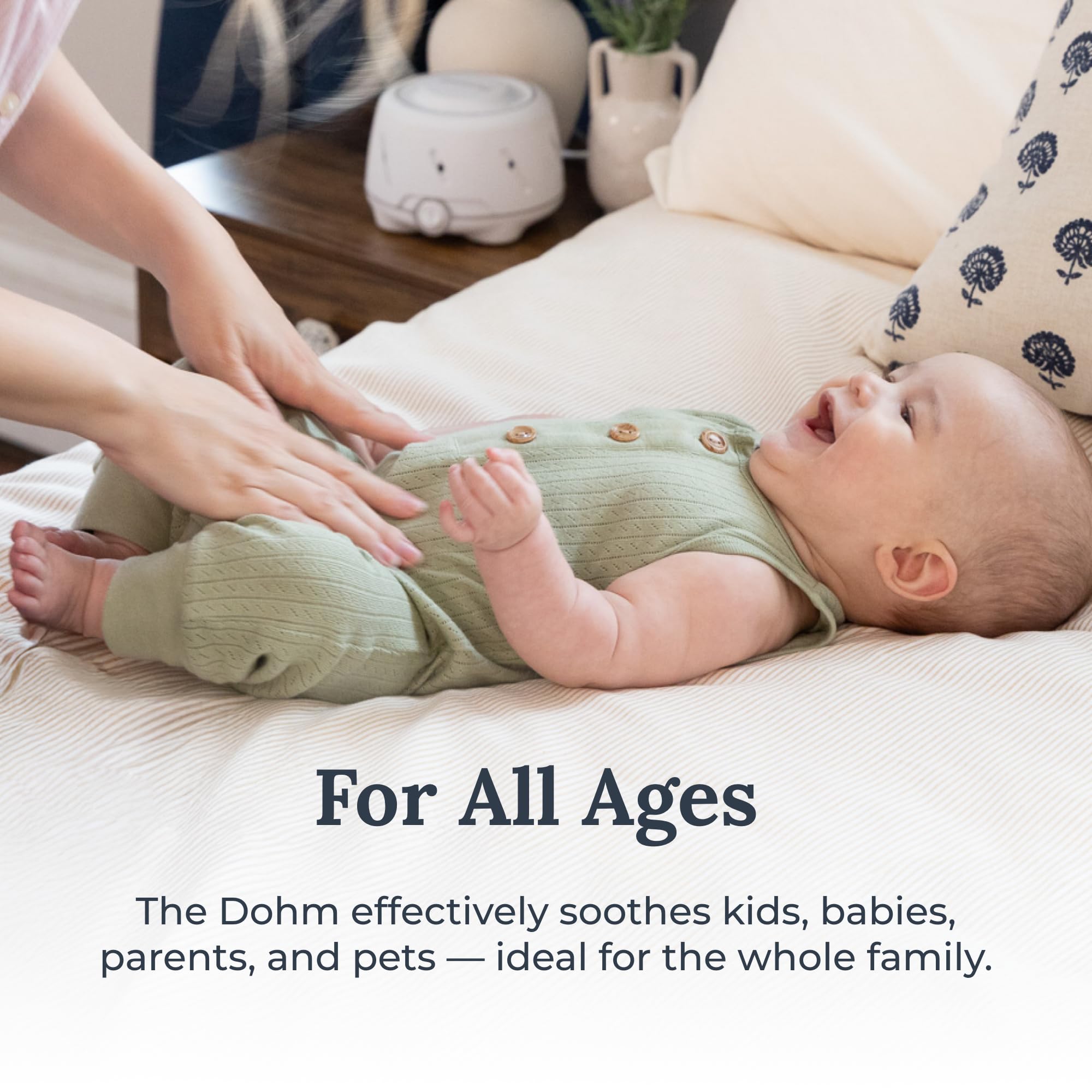 Yogasleep Dohm bedroom setup helps calmer nights.