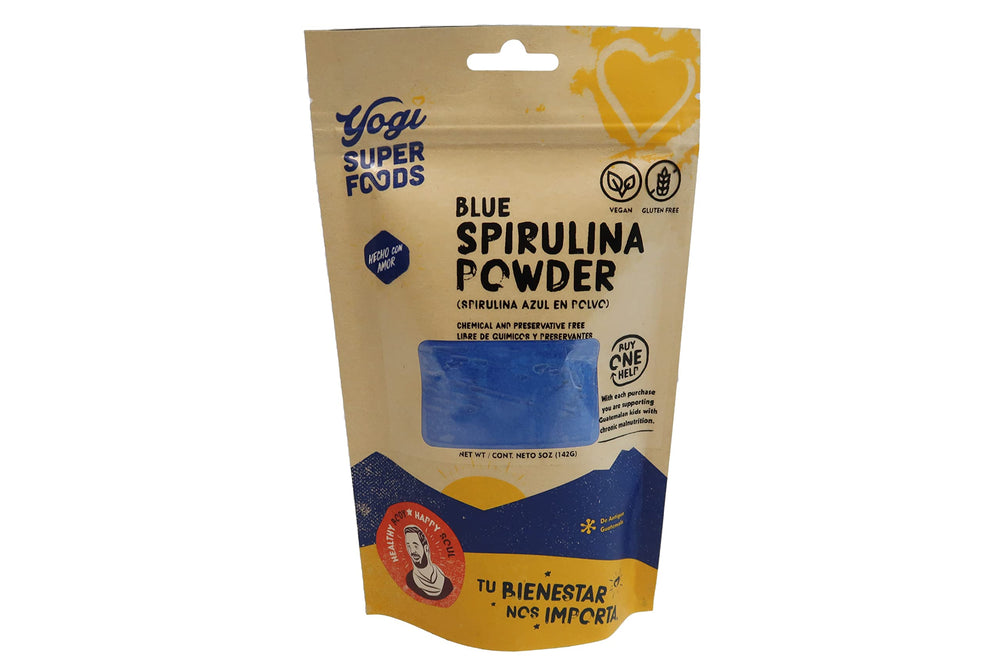 Yogi Super Foods blue spirulina powder bottle shows vibrant color and protein boost