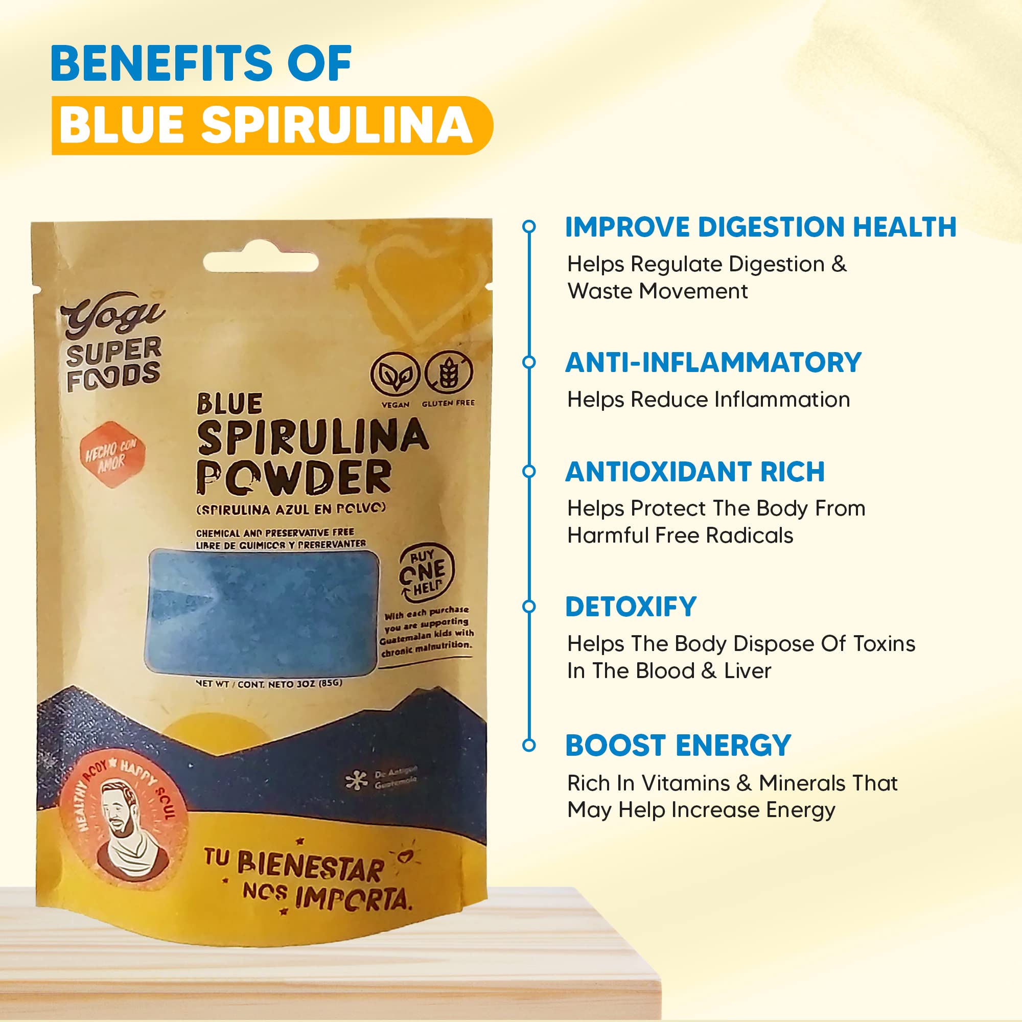 Yogi Super Foods blue spirulina powder dispenser for neat pouring
