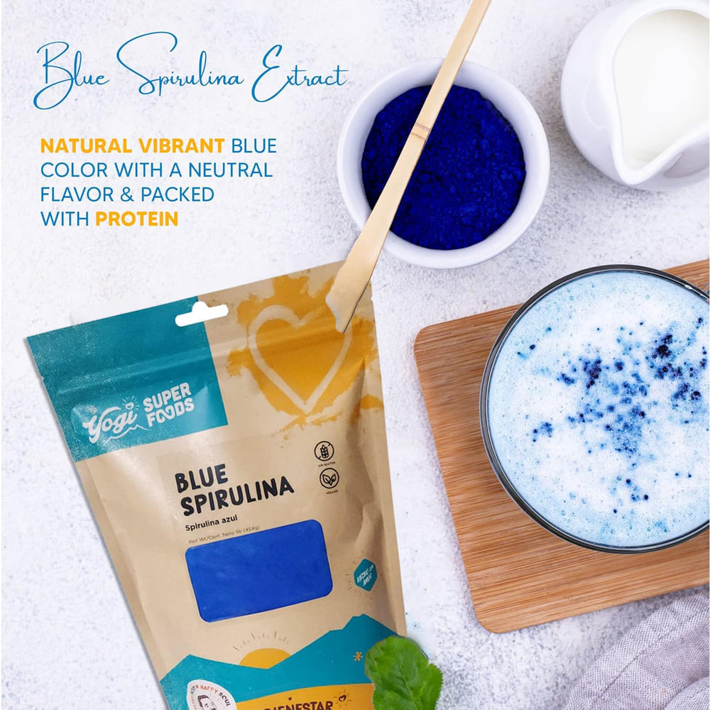 Yogi Super Foods blue spirulina smoothie bowl demonstrates energizing color.