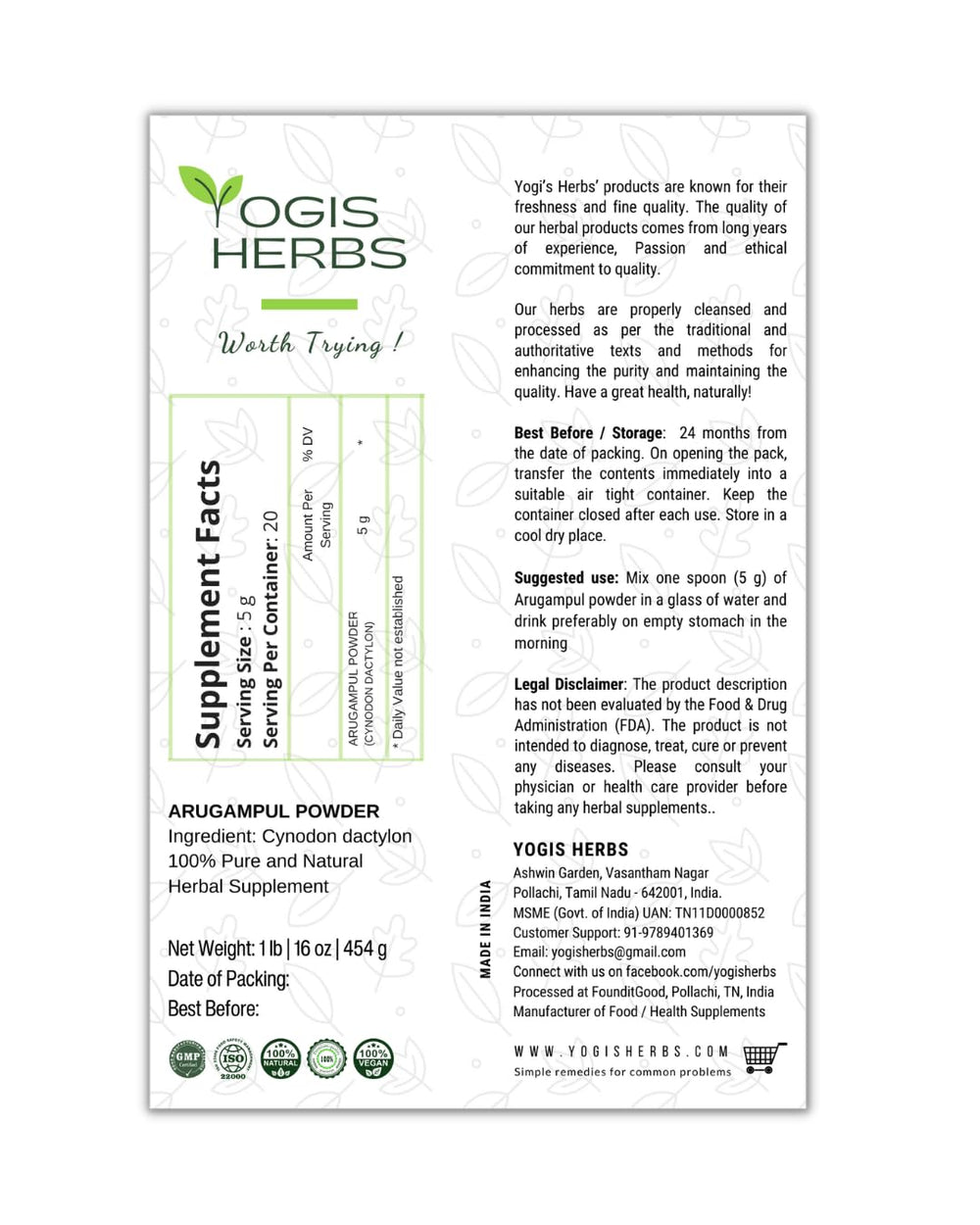YOGIS HERBS Arugampul powder scoop ready for morning routines.
