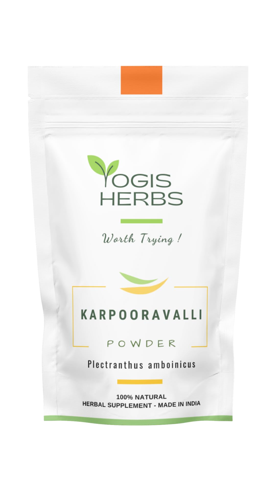 YOGIS HERBS Karpooravalli powder bottle close-up, a natural supplement supporting respiratory comfort.