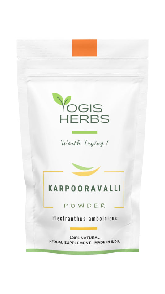 YOGIS HERBS Karpooravalli powder bottle close-up, a natural supplement supporting respiratory comfort.