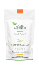 YOGIS HERBS Karpooravalli powder bottle close-up, a natural supplement supporting respiratory comfort.