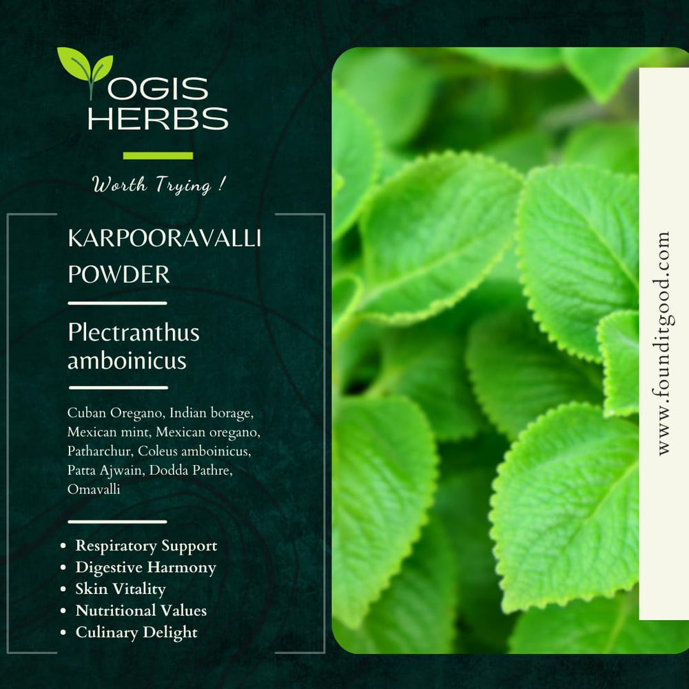 YOGIS HERBS Karpooravalli powder with scoop, ideal for digestive balance and daily nutrition.