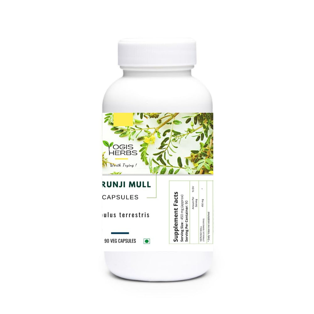 YOGIS HERBS Nerunji Mull label closeup emphasizing pure herbal origin and safety standards.