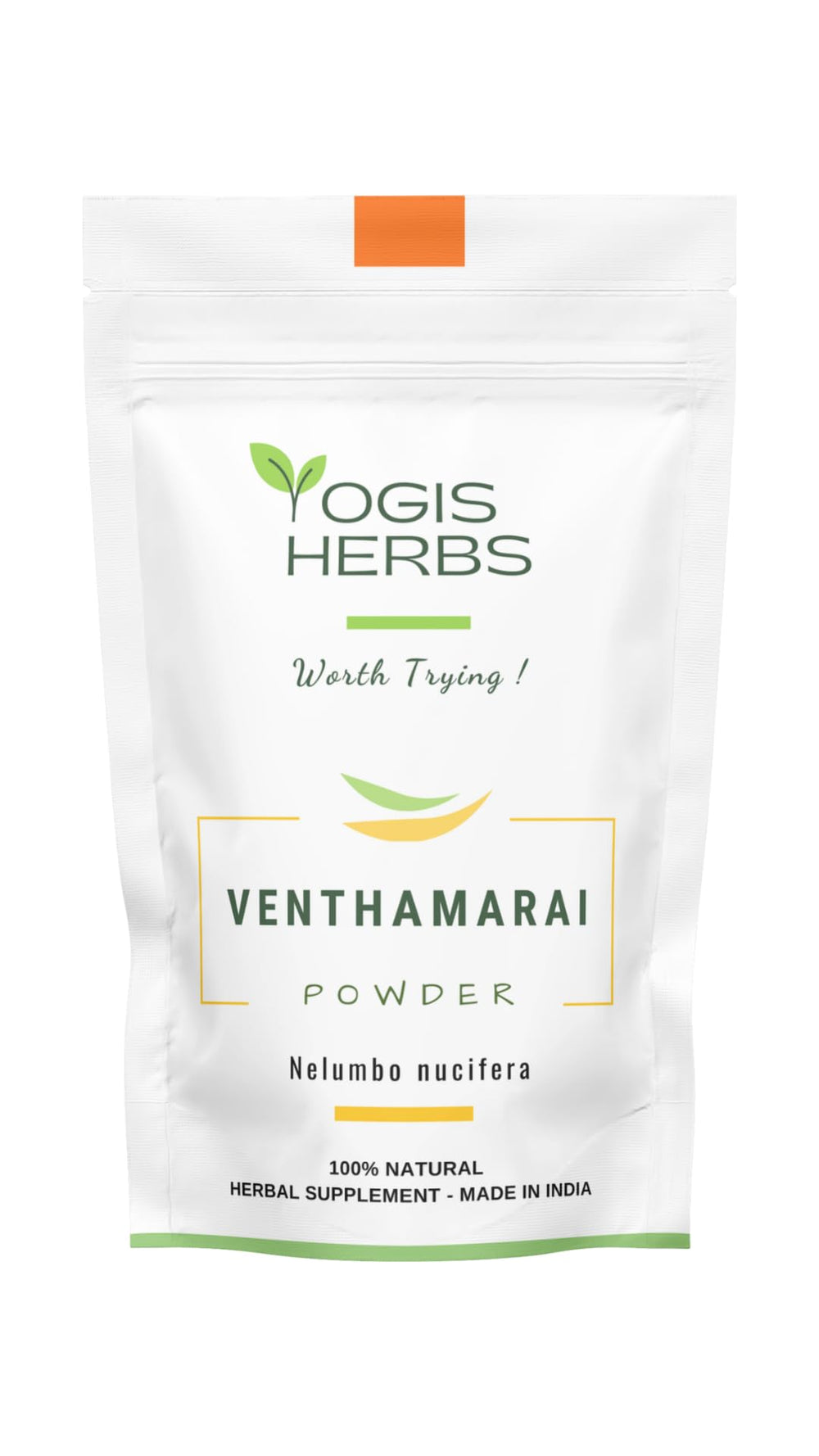 YOGIS HERBS Venthamarai powder pack shot shows pure Nelumbo nucifera for daily wellness.