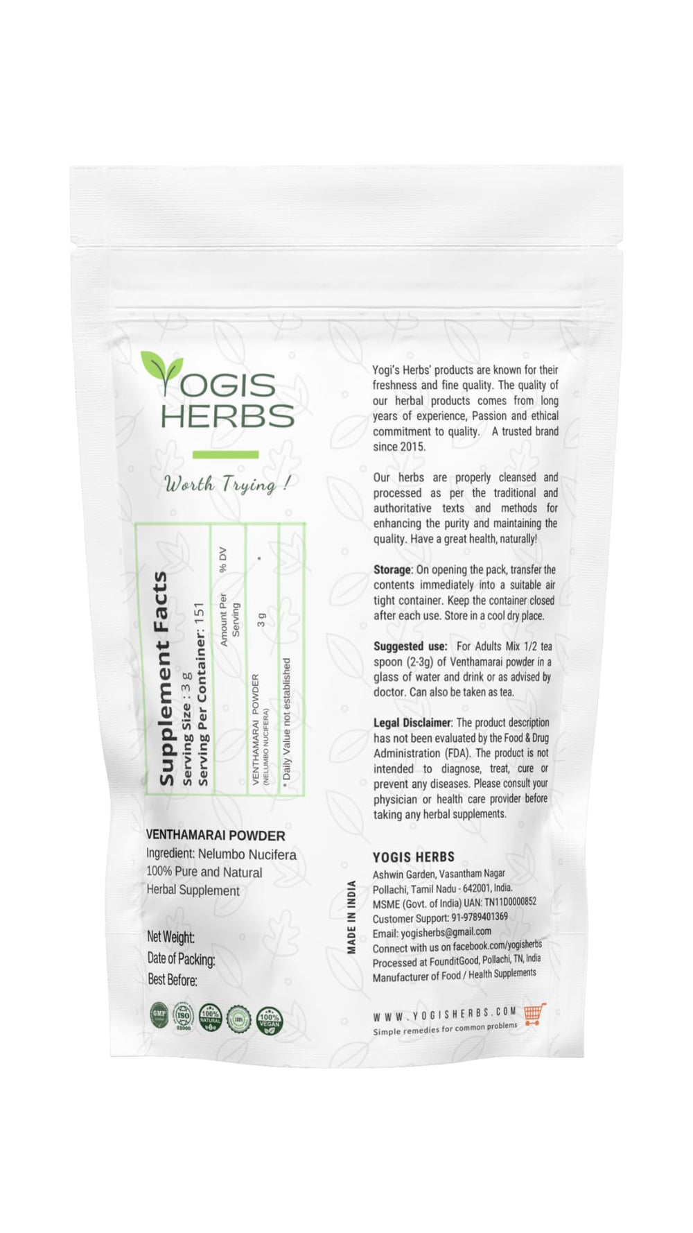 YOGIS HERBS Venthamarai powder texture close-up highlights freshness and fine grind.