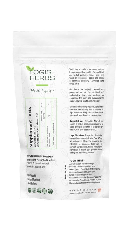 YOGIS HERBS Venthamarai powder texture close-up highlights freshness and fine grind.