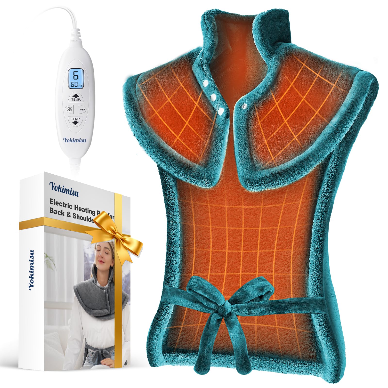 Yokimisu weighted heating pad in use, contouring to neck and shoulders for soothing warmth.